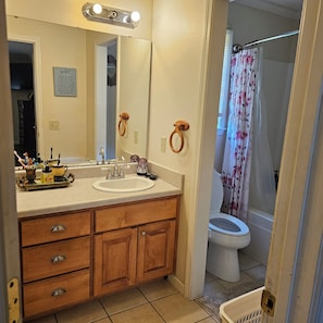 Hair dryer, towels, soap, toilet paper