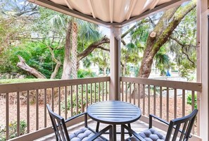 Outdoor dining - Coastal Retreat with Private Balcony & Pool Access (Hilton Head Island)