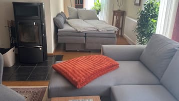 Una sala de estar con un sofá, una chimenea, una mesa de centro y un control remoto.