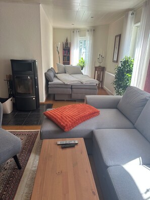 Un salon avec un canapé, une cheminée, une table basse et une télécommande.