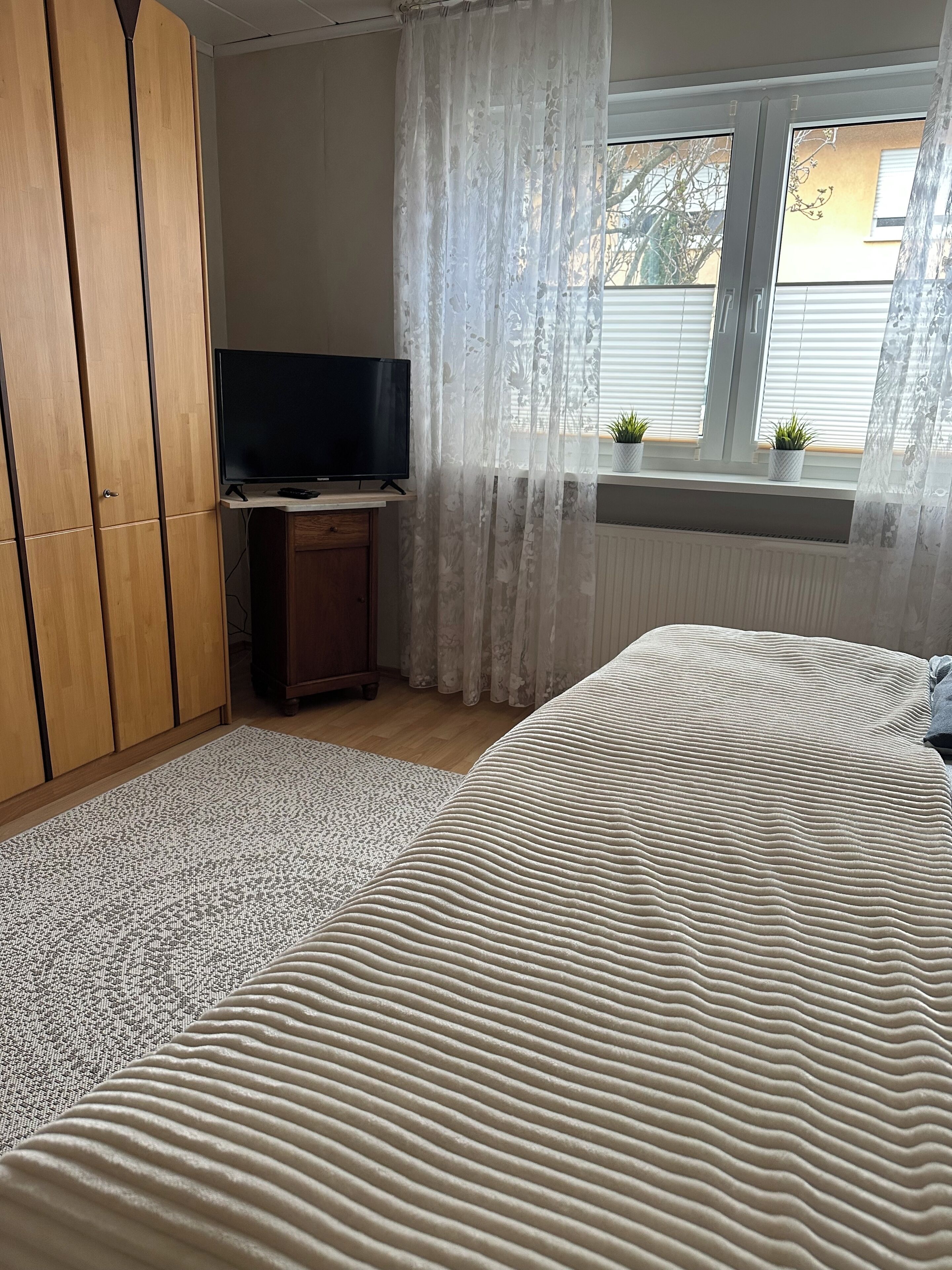 Un dormitorio con cama, televisor sobre un mueble bajo, armario, ventana con plantas y radiador.