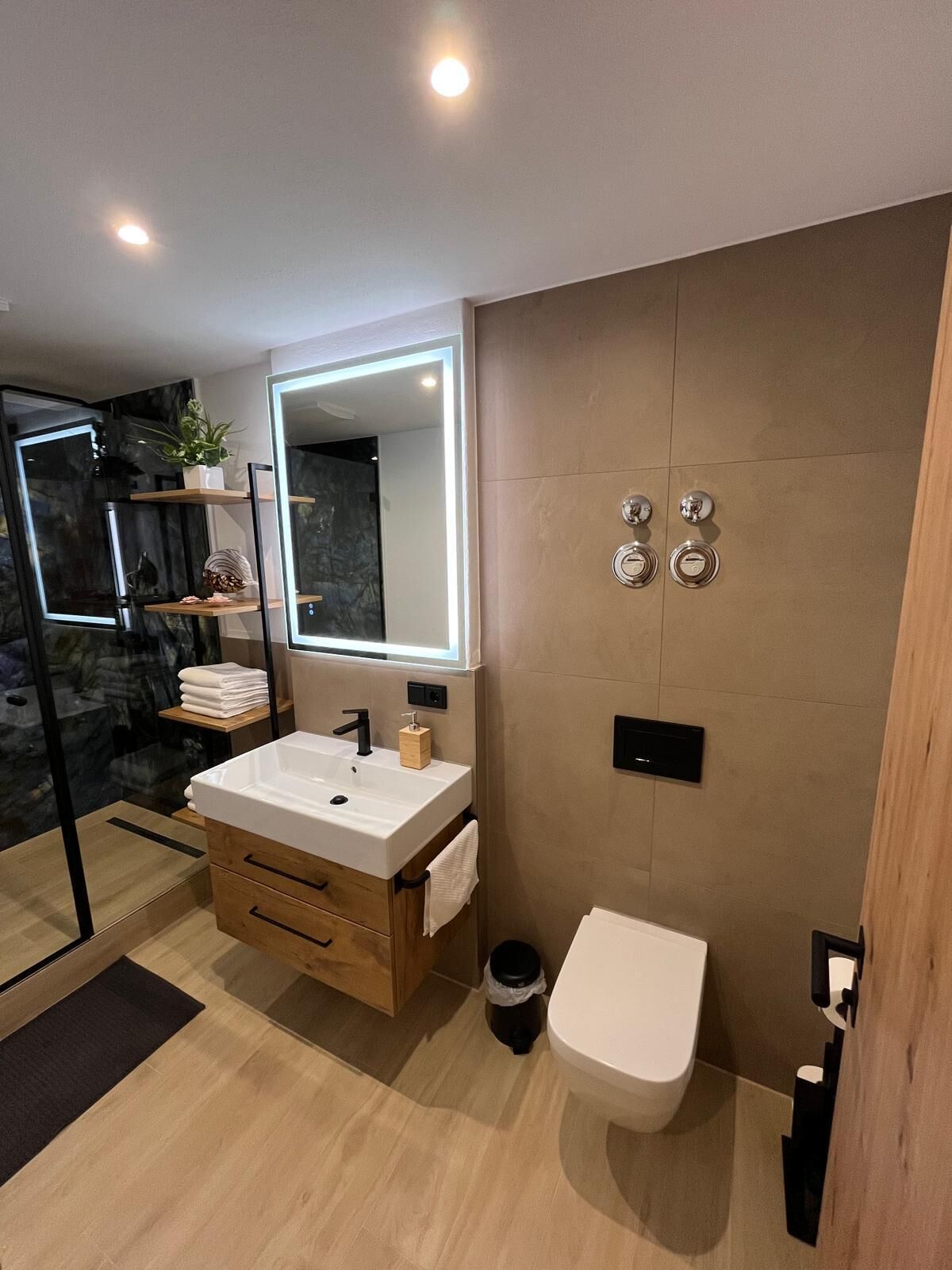 Shower, hair dryer, towels, toilet paper