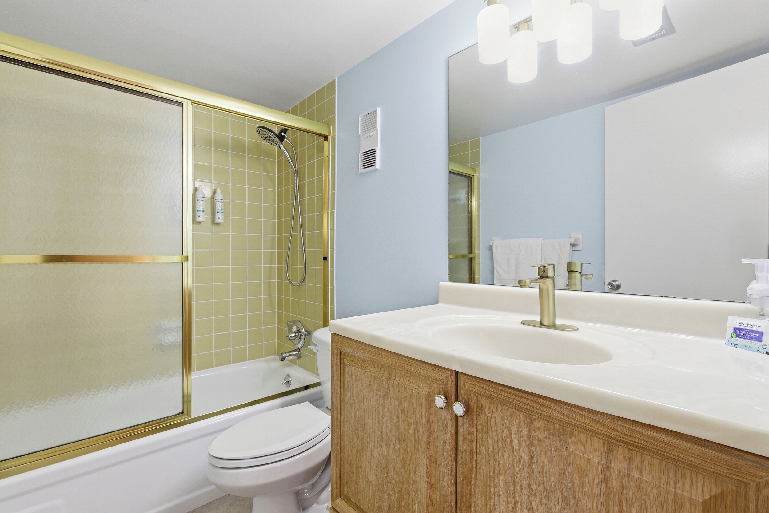 Une salle de bain avec une baignoire, des toilettes et un lavabo avec un miroir au-dessus.