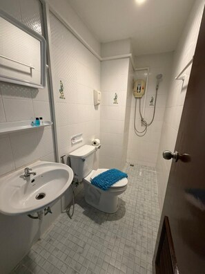 Ducha, secador de pelo, toallas, jabón