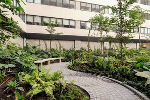 Un patio con un sendero curvo, bancos y abundante vegetación.
