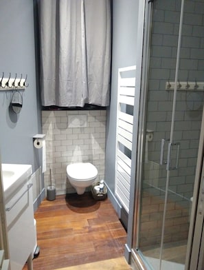 A bathroom with a toilet, a shower, and a sink. - Two Bedroom apartment in historical  center (Bordeaux)