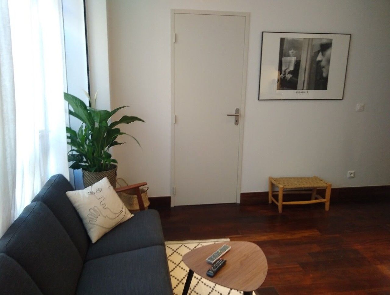 Un salon avec un canapé, une petite table, une plante en pot, une porte et un tableau encadré au mur.