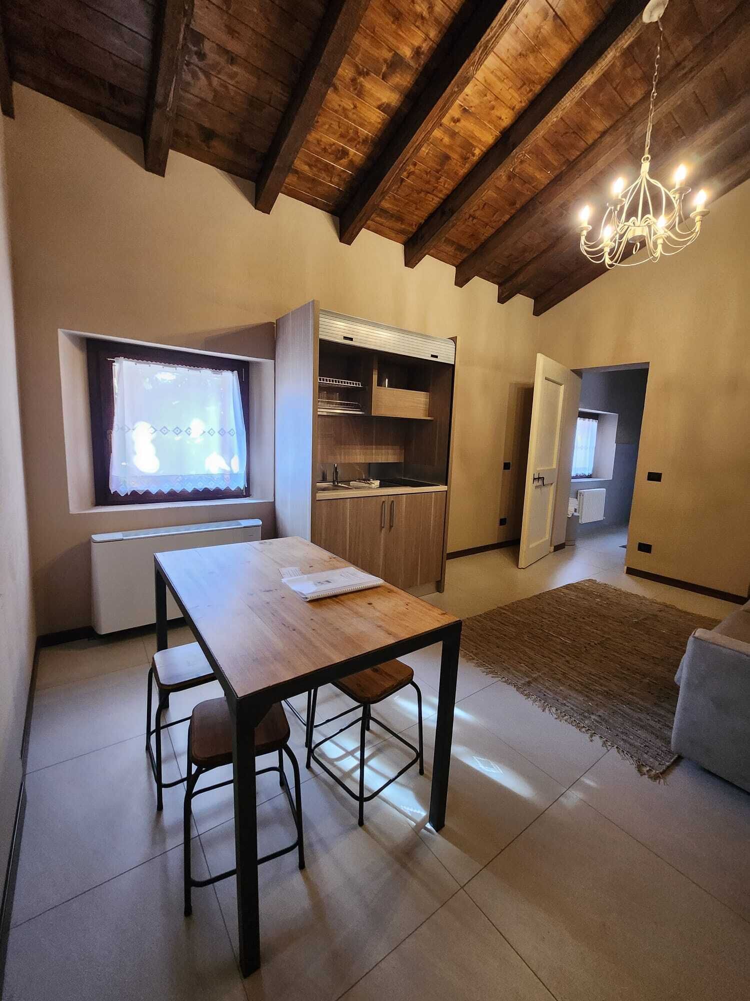 A compact living space with a dining area, kitchenette, and a television.