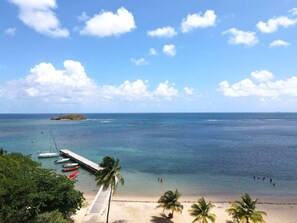 Ein Strand mit einer Pier, Booten und Palmen.