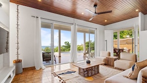 Een ruime woonkamer met een houten plafond, grote schuifdeuren naar een terras, een gezellige bank, een salontafel en een televisie op een witte dressoir.