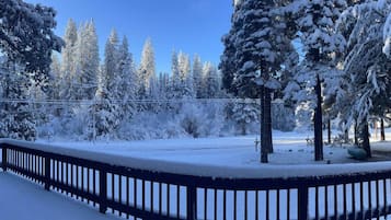 A snow-covered landscape with a wooden fence, trees, and a clear blue sky.