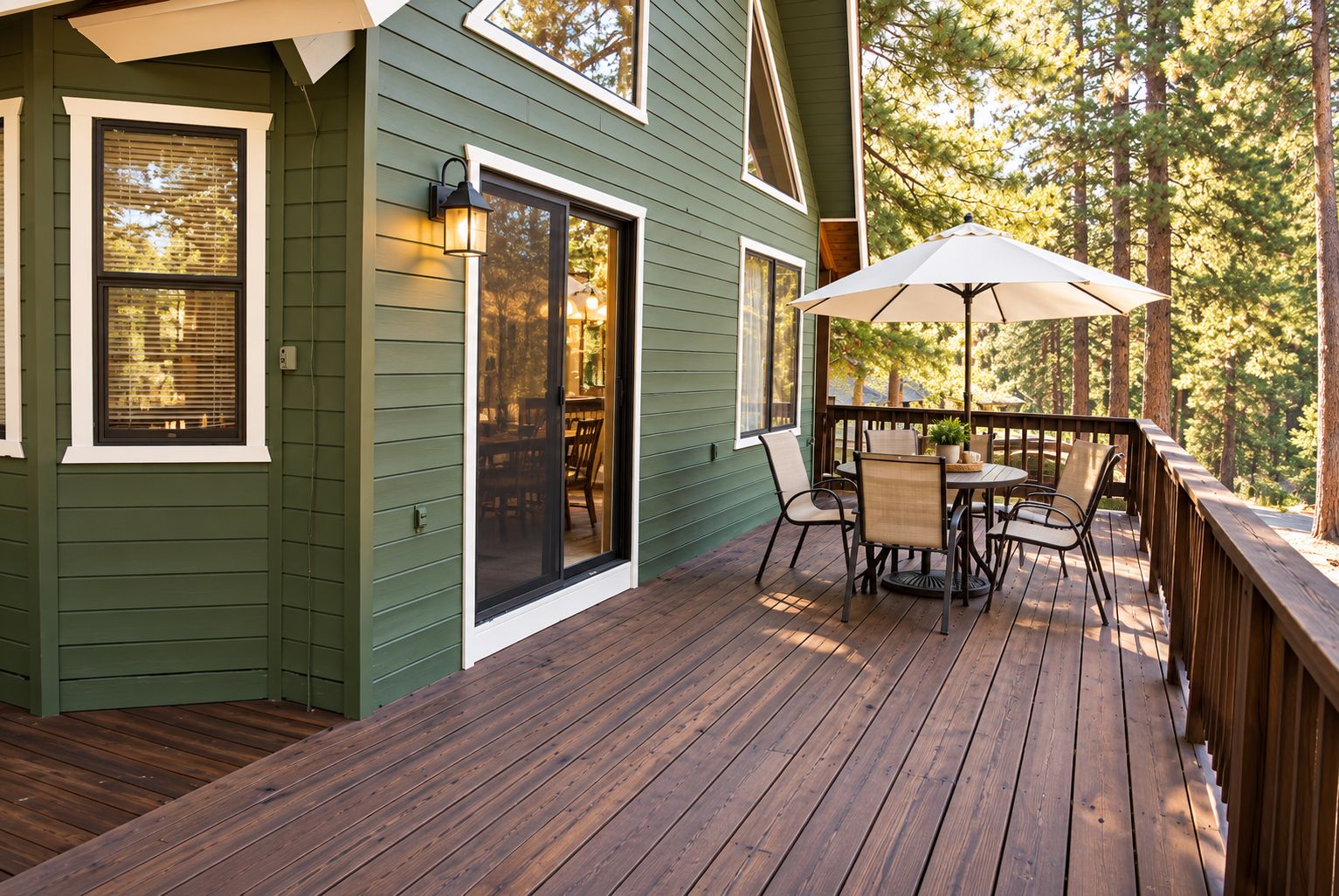 A green house with a deck, a sliding glass door, and a table with chairs.