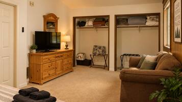 A cozy living room with a television, a wooden cabinet, a sofa, and a chair. There is a closet with shelves and a door.