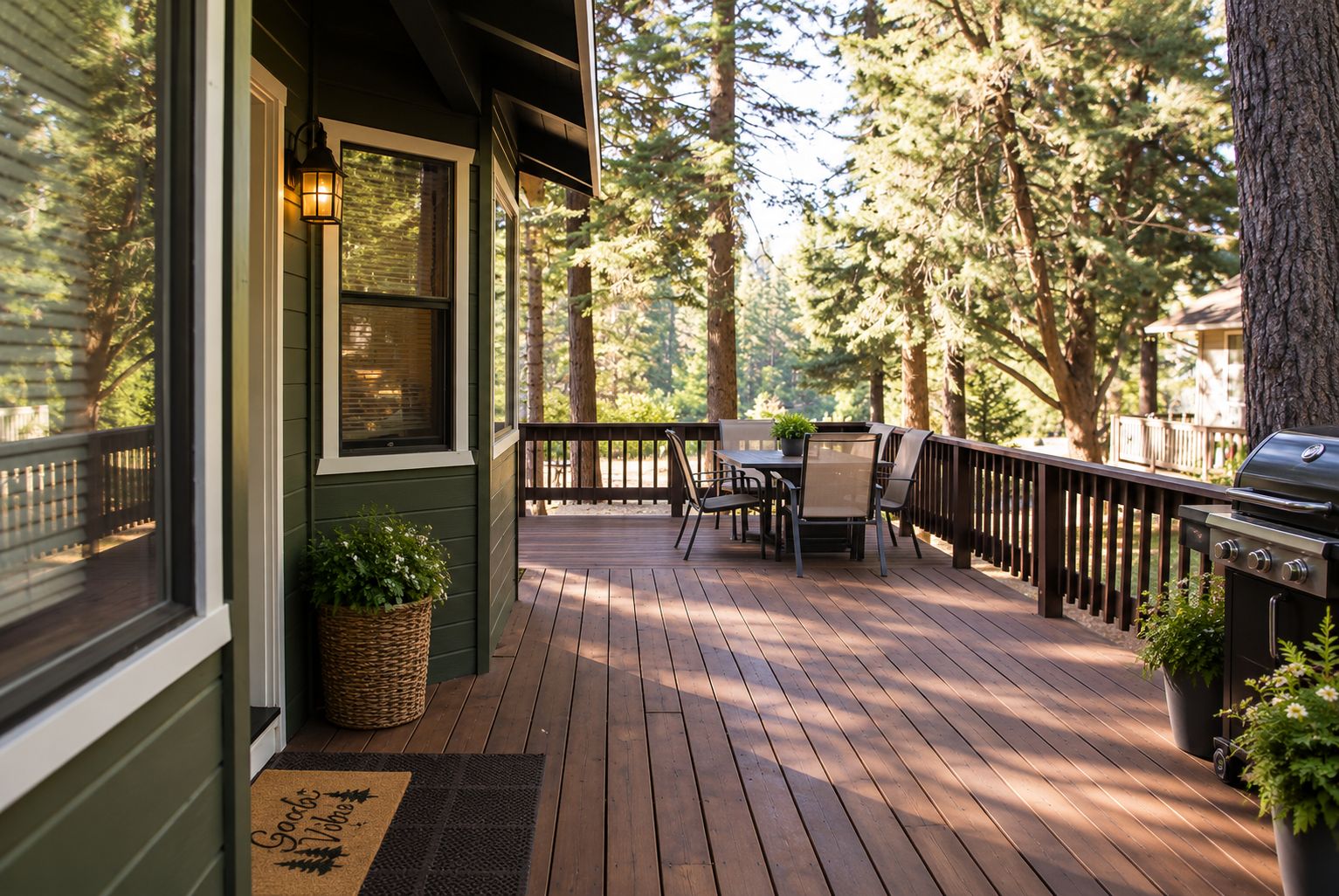 Un terrazzo in legno con mobili da esterno, un barbecue e un cesto di piante.