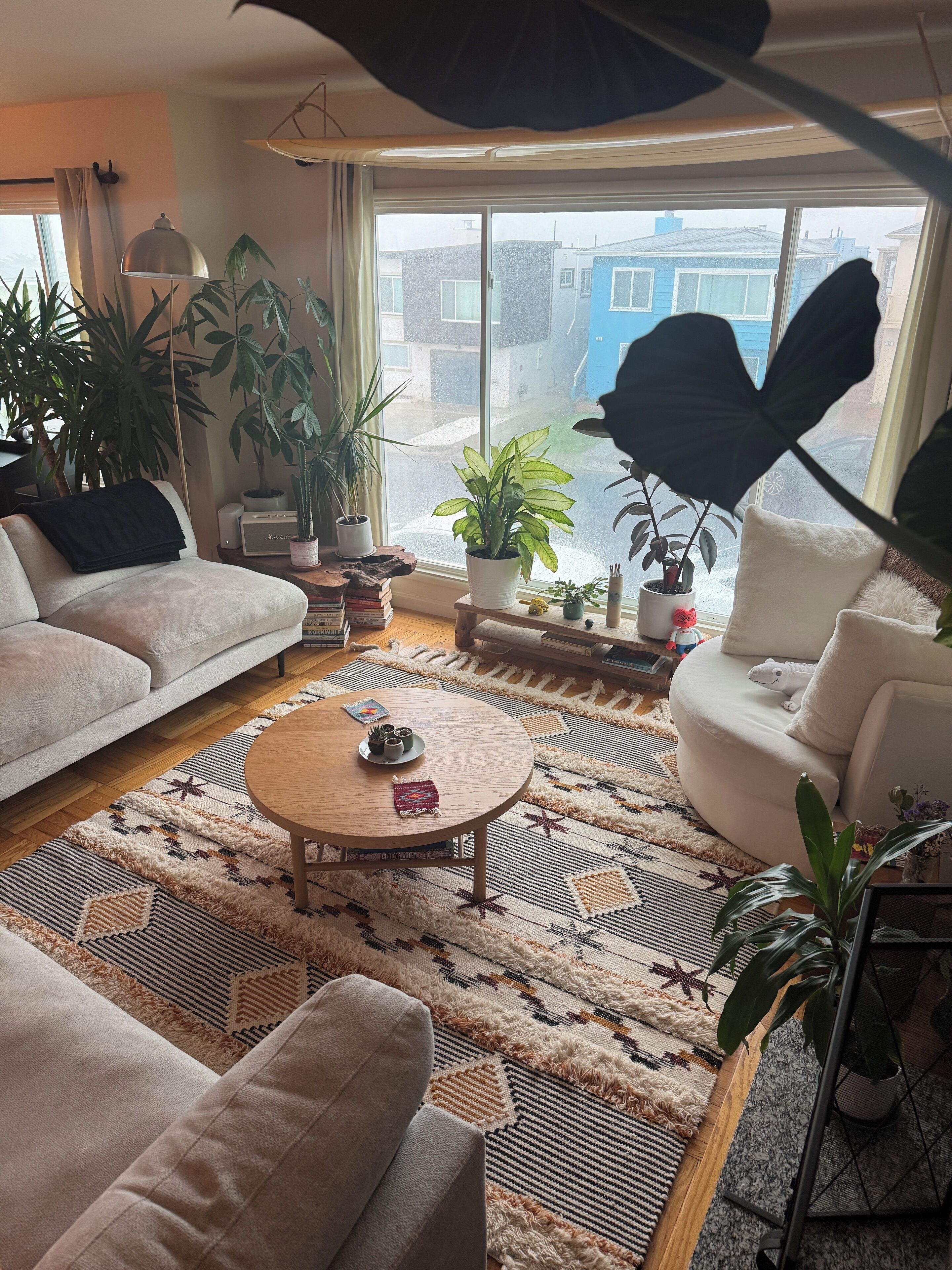 A cozy living room with a sofa, a round coffee table, and various potted plants.