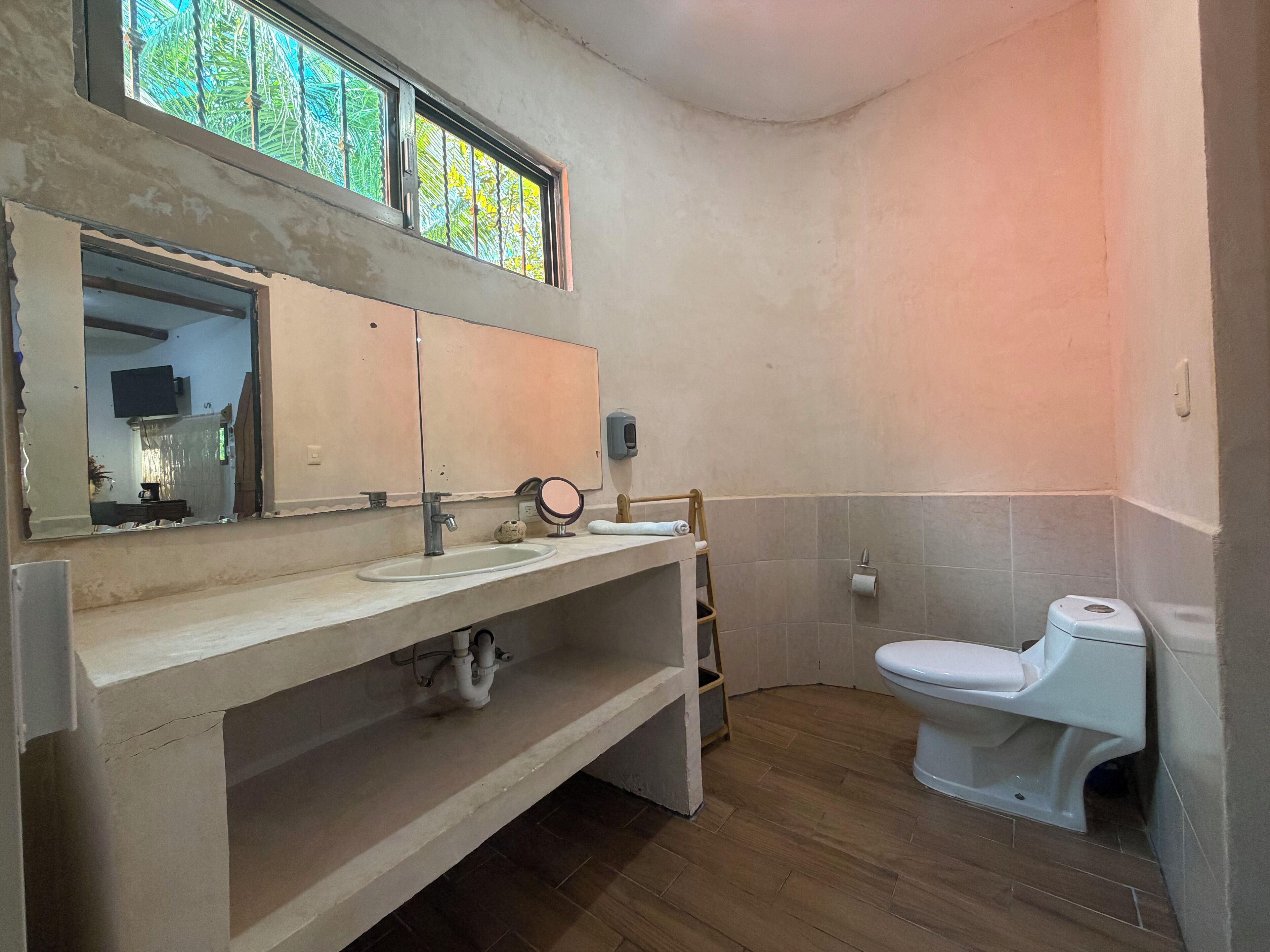 A bathroom with a sink, mirror, toilet, and a window with a view of trees.