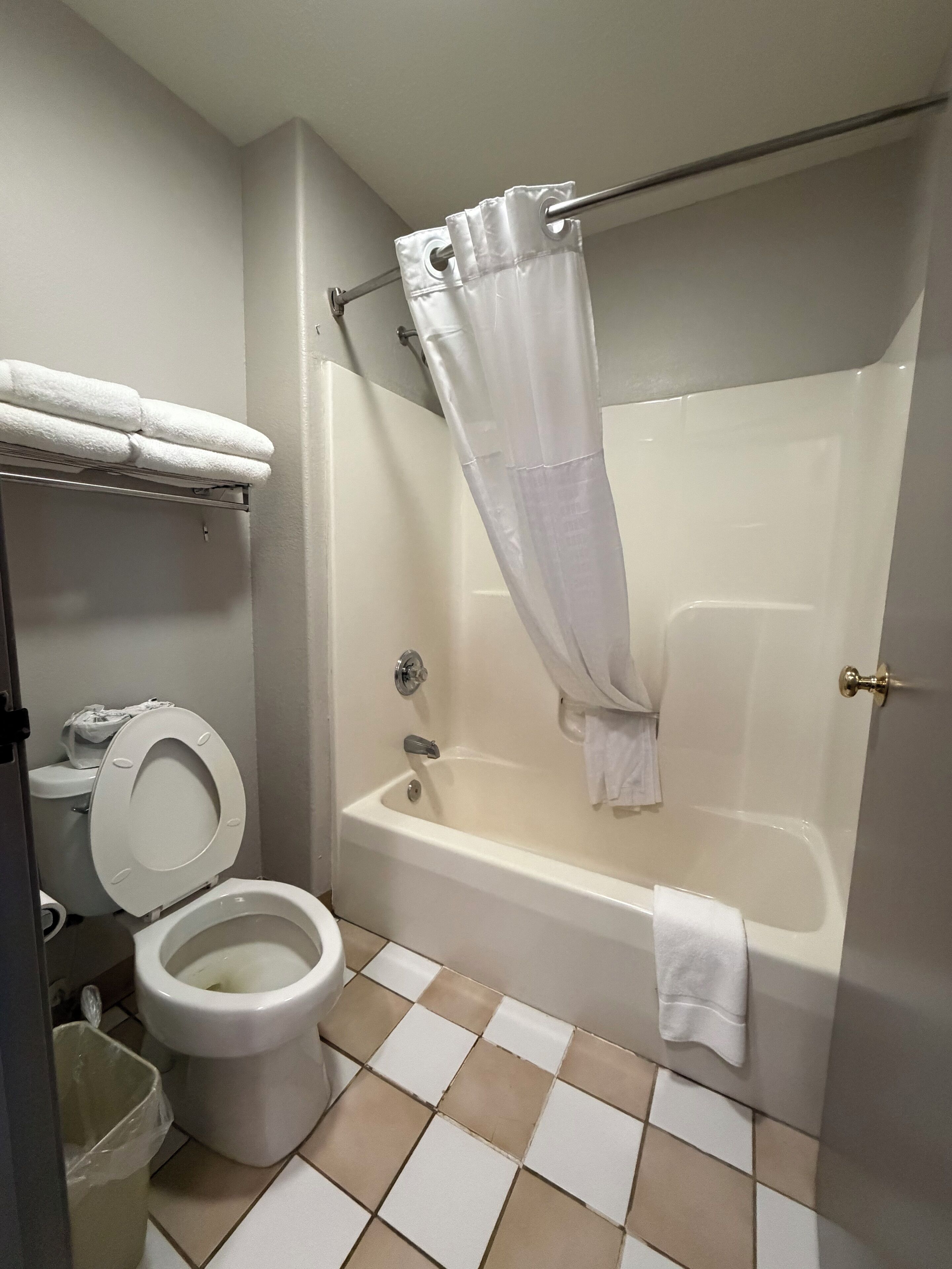 A bathroom with a toilet, bathtub, and shower curtain.