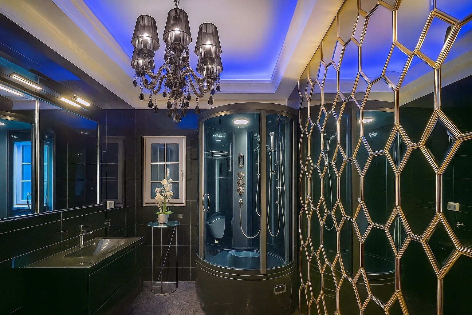 Jetted bath, hair dryer, towels, soap