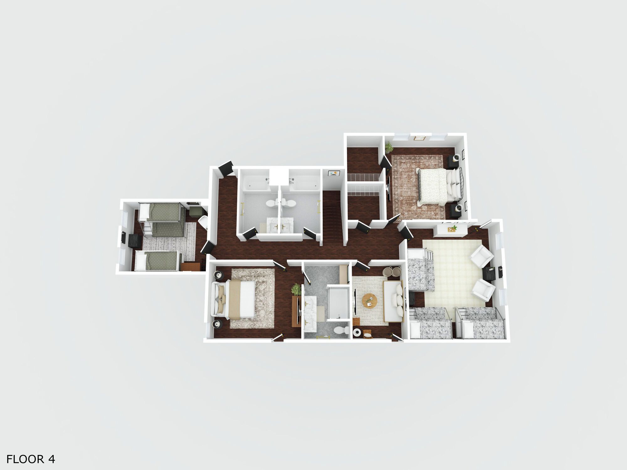 Distribución de un apartamento de cuatro pisos con sala de estar, cocina, dos habitaciones, un baño y un balcón.