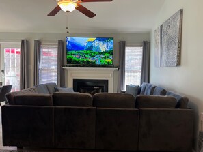 Smart TV, fireplace, video games, ping pong