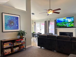 Smart TV, fireplace, video games, ping pong