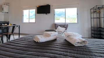 A bedroom with a large bed, a television mounted on the wall, and a view of mountains through the windows.