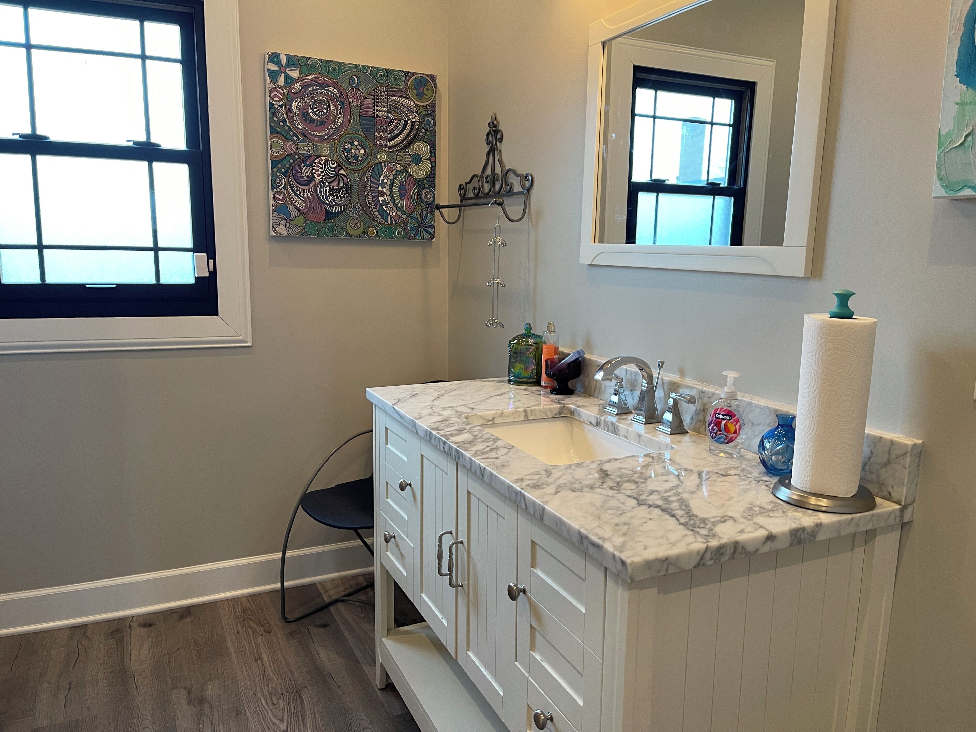 Hair dryer, towels, soap, toilet paper