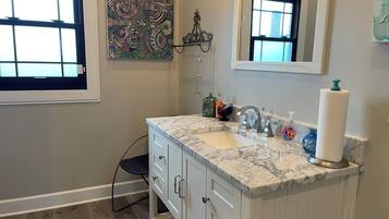 Hair dryer, towels, soap, toilet paper