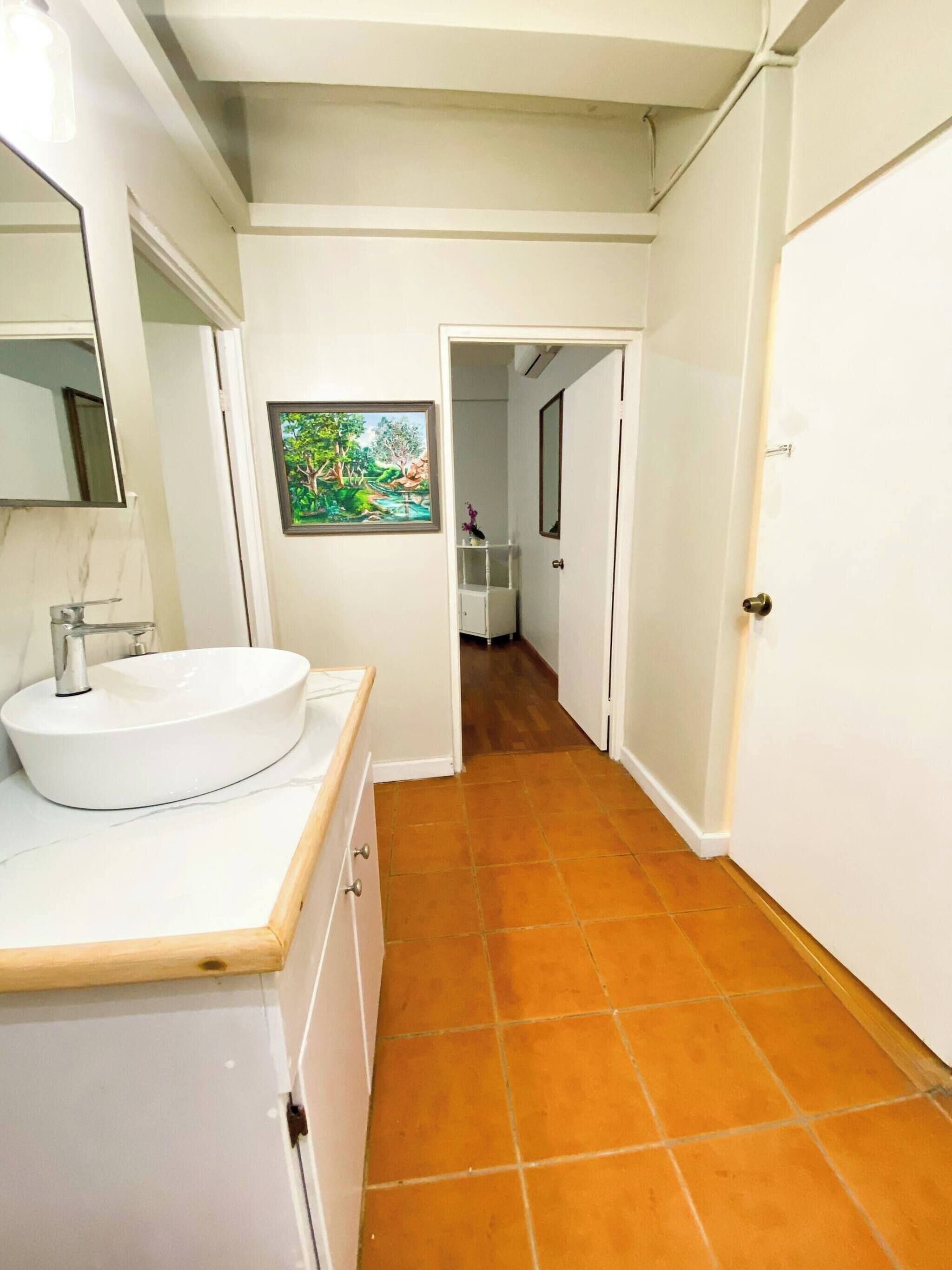 A bathroom with a white sink, a mirror, and a framed picture on the wall.