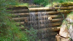 A natural water feature with cascading water over stone steps in a forested area.