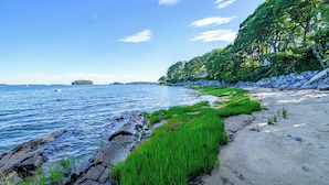 Een kustlandschap met een rotsachtige kustlijn, groene begroeiing en een helderblauwe lucht.