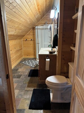 Espacio interior pequeño y de madera, con ducha, inodoro y lavabo.