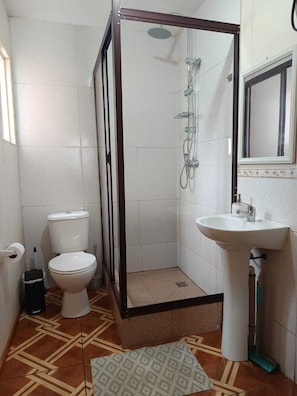 Ducha, secador de pelo, toallas, jabón