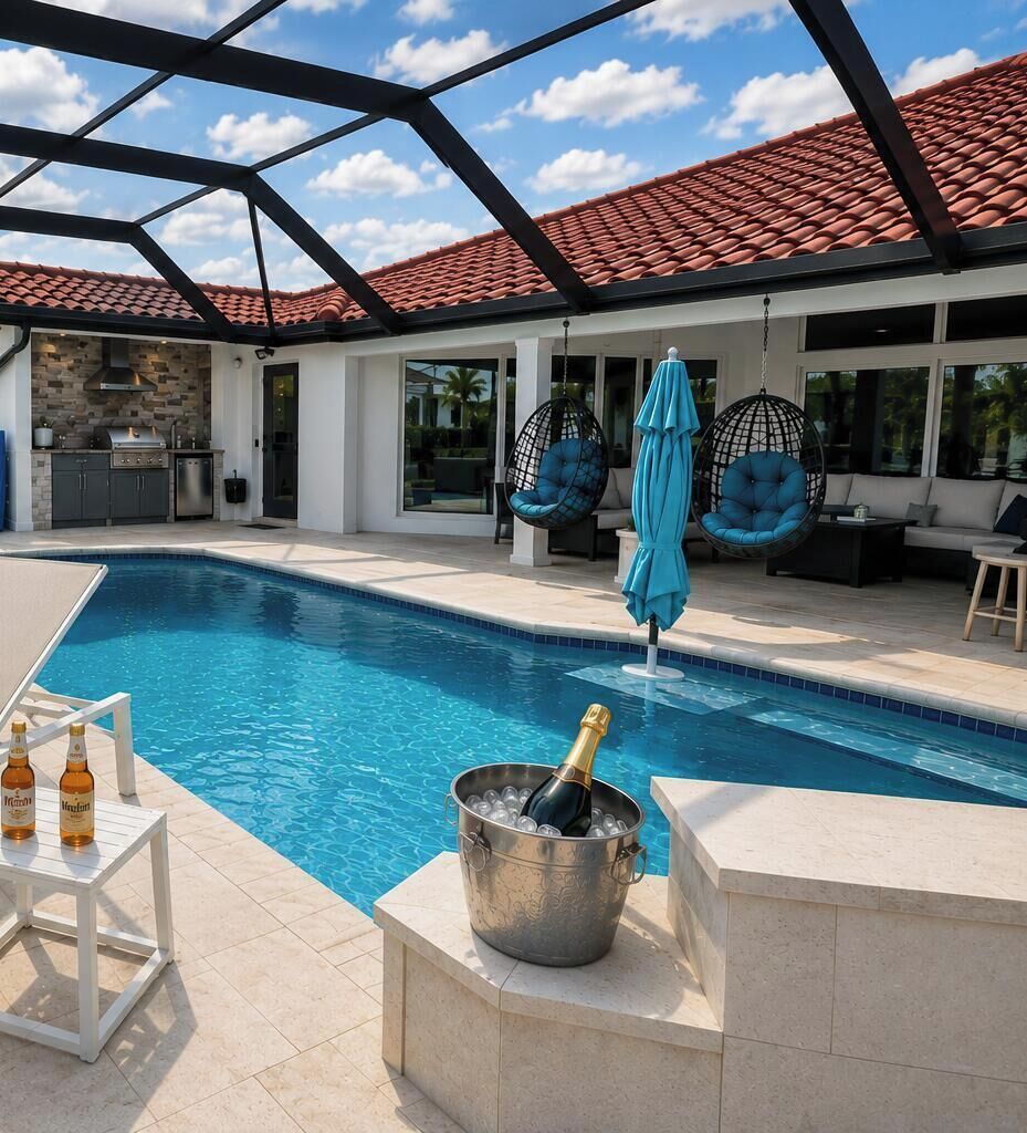 A swimming pool with a stone-tiled deck, a grill, and hanging chairs.