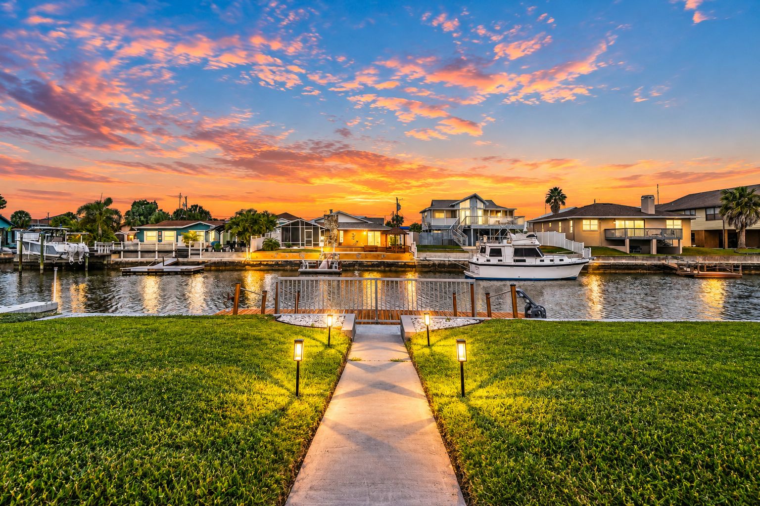 A waterfront property with a dock, a pathway, and houses with balconies.