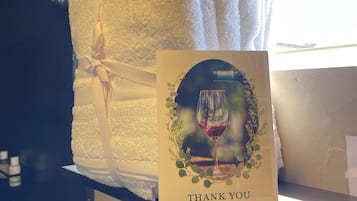 Hair dryer, towels, soap, shampoo