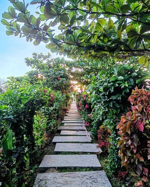 Un chemin de pierre bordé d’une végétation luxuriante et de plantes en fleurs, qui mène vers une source de lumière vive.