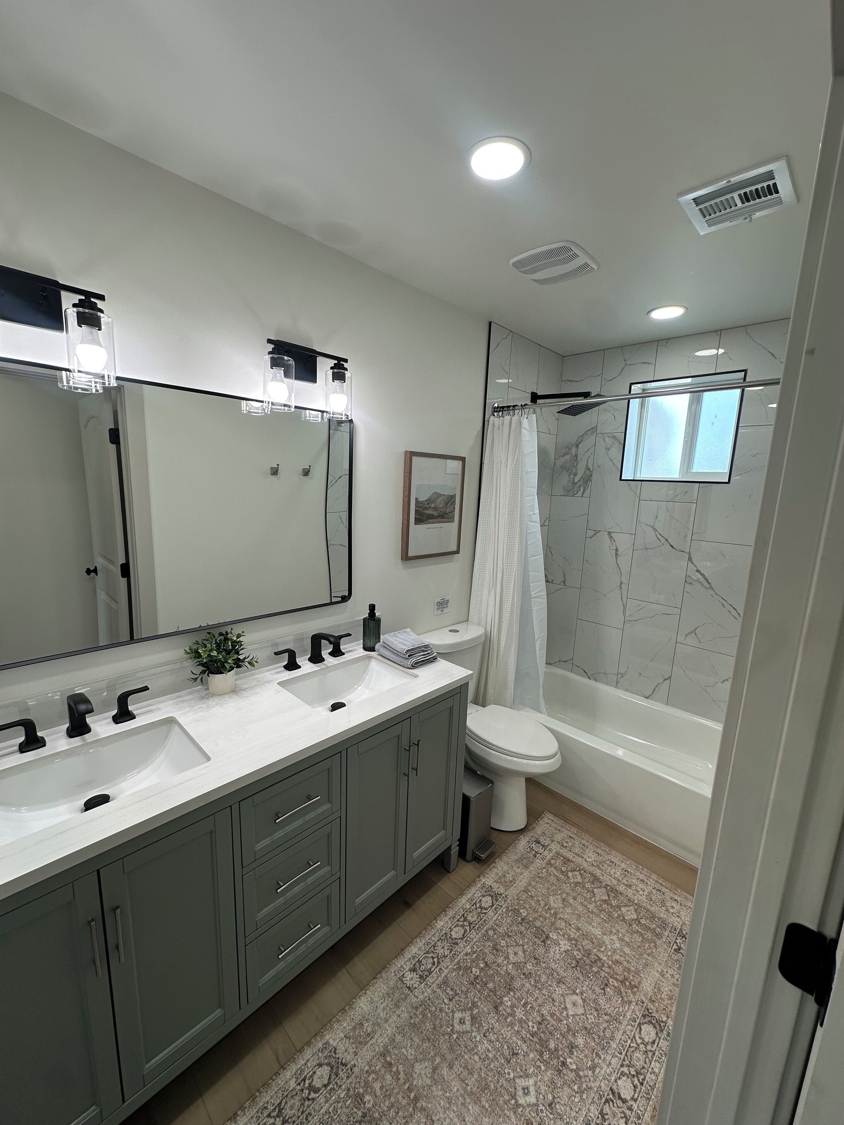 Hair dryer, towels, soap, toilet paper