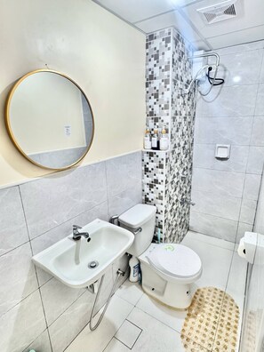 Shower, bidet, towels, soap