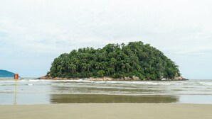 A beach with a small island covered in dense vegetation. - Apartment in Santos, 2 bedrooms, brand new, decorated, pet friendly - Aloha 181. (Santos)