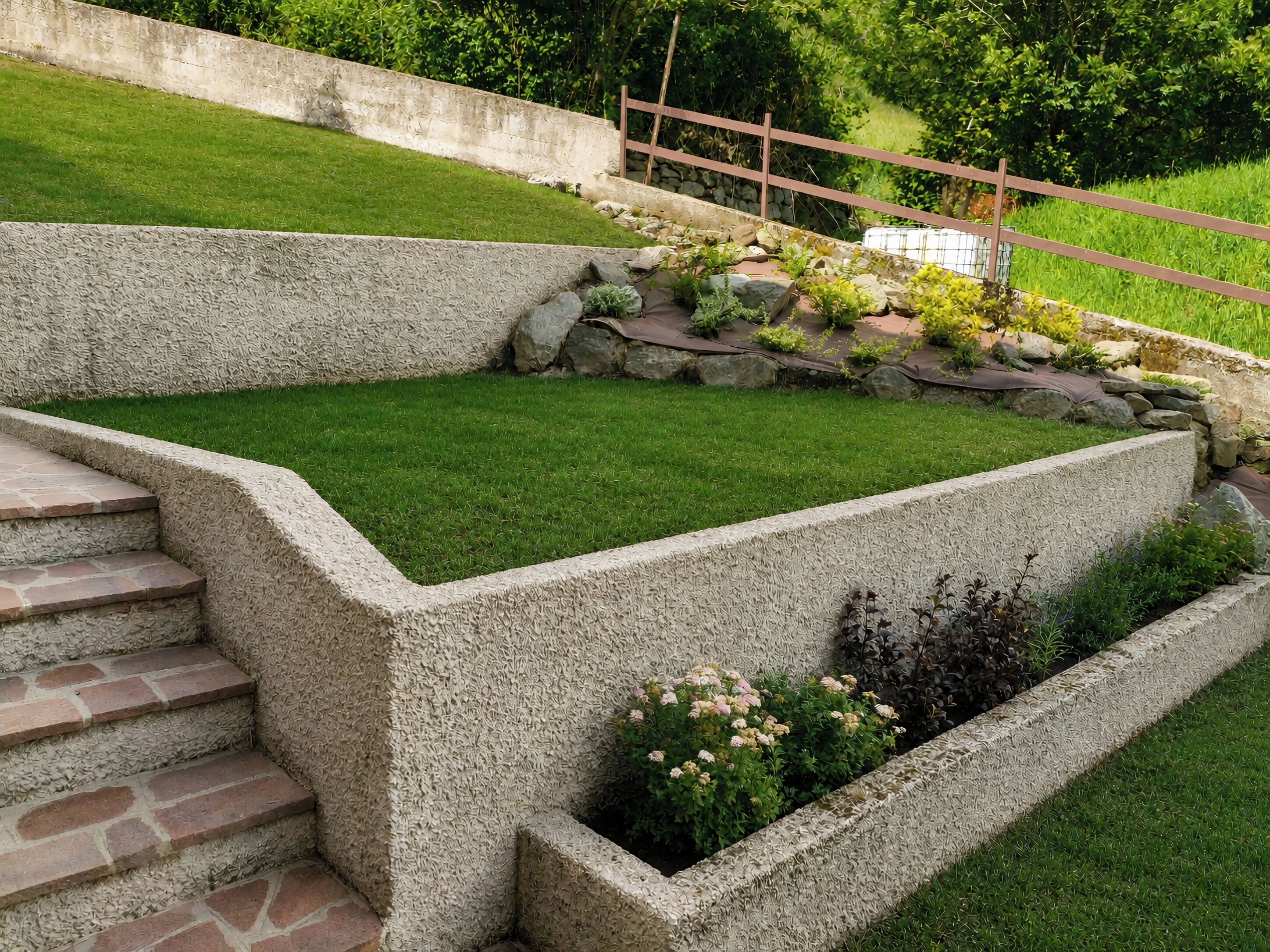 Ein angelegter Garten mit Steintreppen, einer Rasenfläche und verschiedenen Pflanzen.