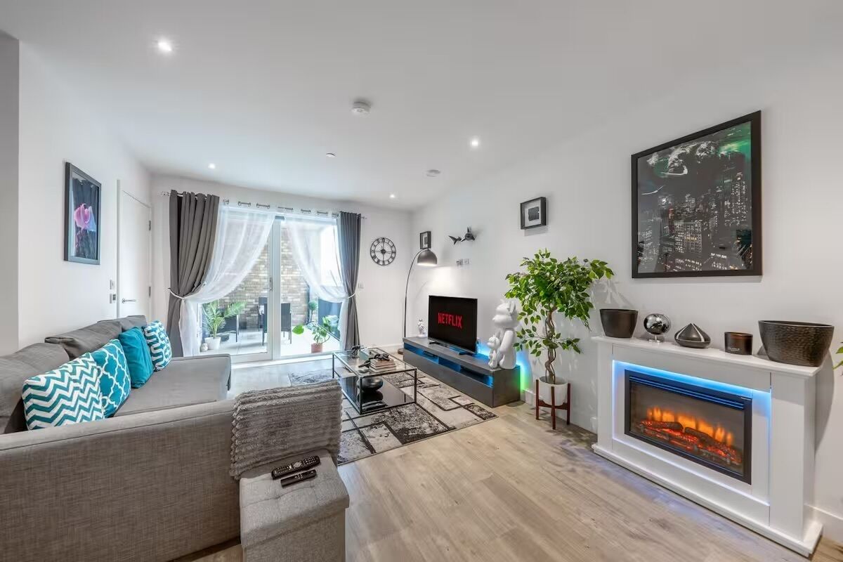 Smart TV, fireplace, books