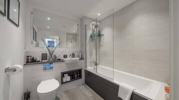 Hair dryer, towels, soap, toilet paper