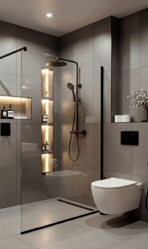 Shower, towels, soap, shampoo - Crimson Autumn Suites JP (Aalborg)