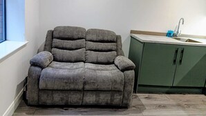 Un canapé gris est placé dans un coin d’une pièce qui comprend une fenêtre et un meuble vert avec un évier.