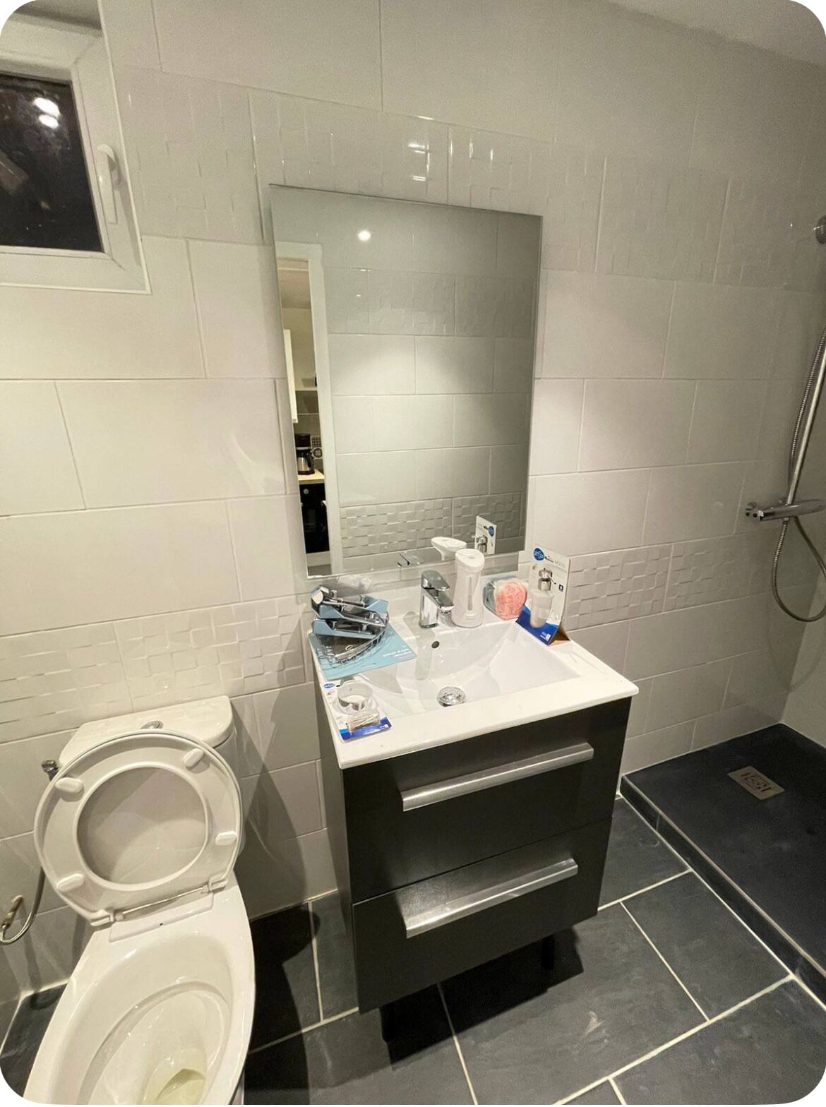 Shower, hair dryer, towels, toilet paper