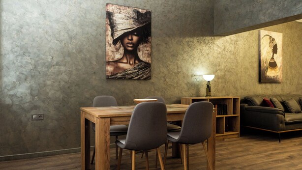 A modern dining area with a wooden table and chairs, a lamp, and a bookshelf. - Apartment 8 (Lovech)