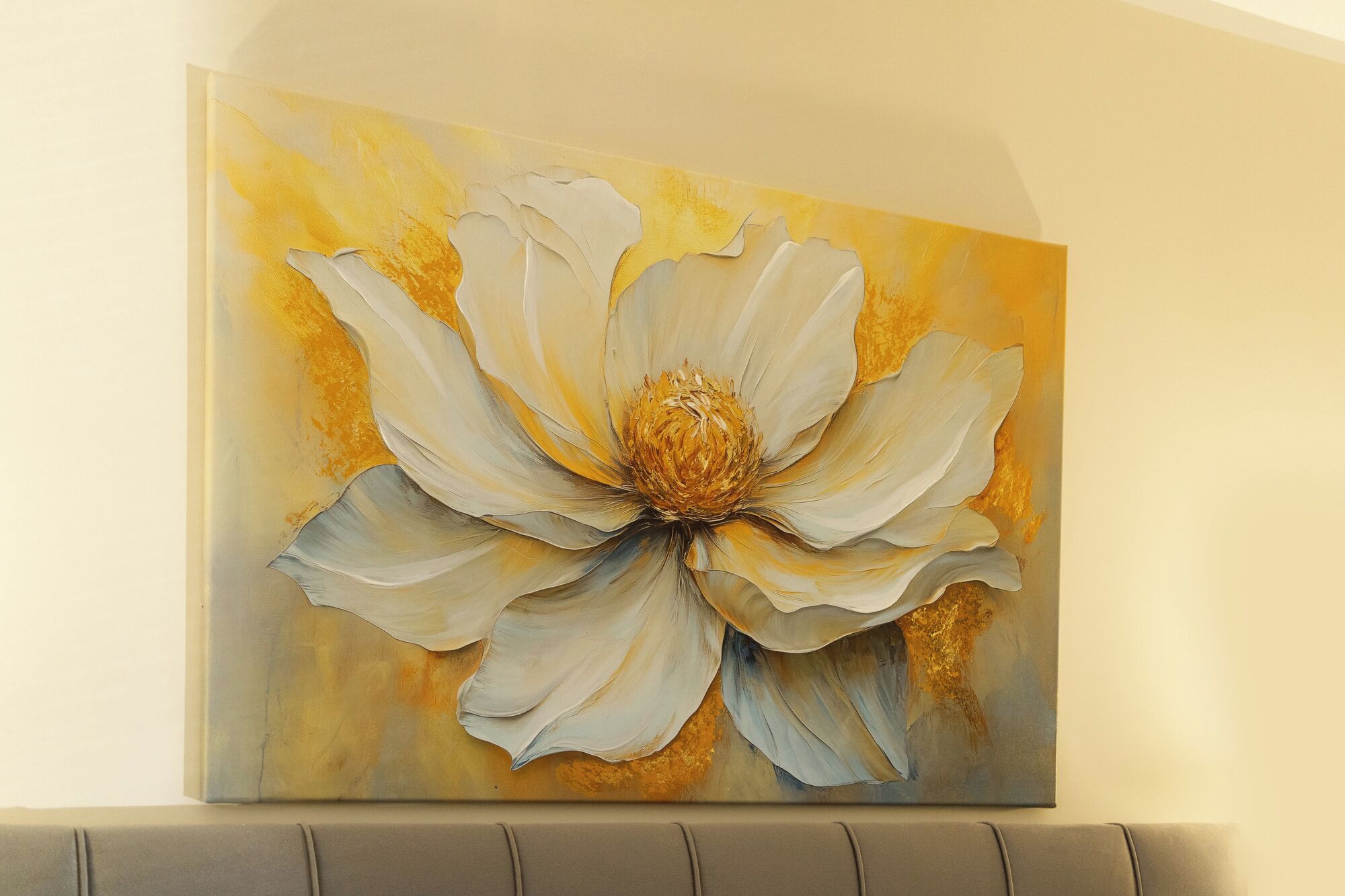 A painting of a large flower on a wall.
