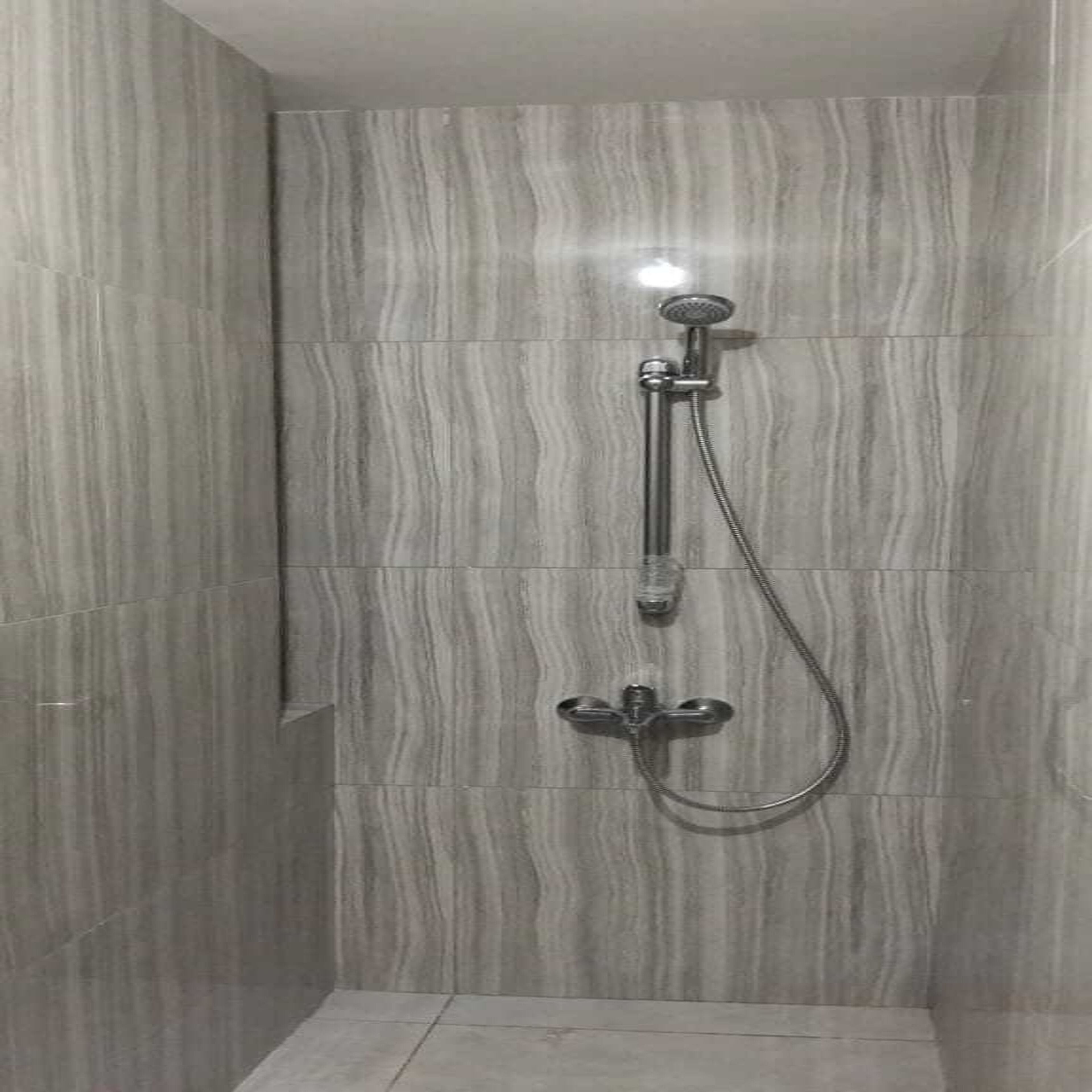 Une douche équipée d’un pommeau de douche et d’un robinet à main.