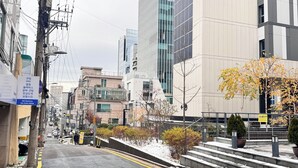 Une rue de la ville bordée d’immeubles modernes, avec une chaussée dégagée et quelques arbres.